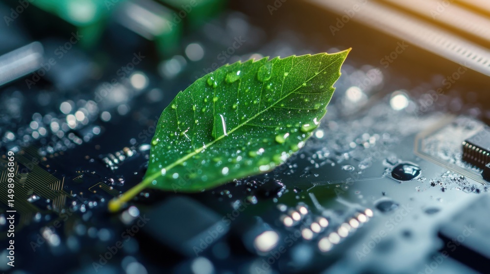 Aufkleber dew-covered green leaf with a sharp focus against a blurred motherboard pattern