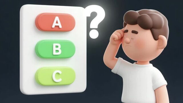 Confused 3D cartoon boy thinking in front of floating ABC quiz panel with colorful buttons A B C A large question mark appears above his head Educational decision making concept animation
