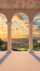 Arched balcony shows golden sunset over green valley with mountain views behind tall pillars