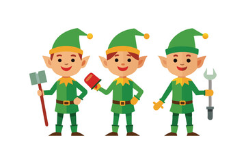 Vector art illustration of three elves in different poses with hats and tools.eps