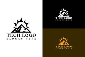 illustration of mountains with sun, icon, abstract, vector, logo for internet of things, cloud computing, database, data center, artificial intelligence, it company, fintech, and more