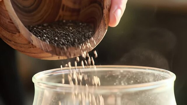Pouring Chia Seeds into Glass from Wooden Bowl for Healthy Eating