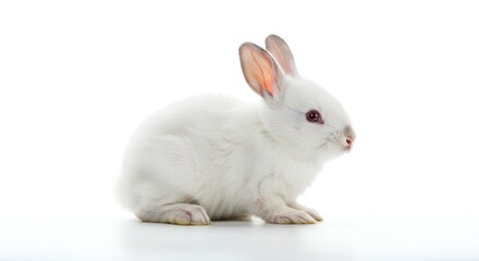 Obraz premium Cute white bunny rabbit sitting on white background with pink ears