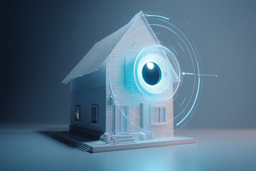 Smart home security system in 3D, featuring facial recognition for secure, automated access
