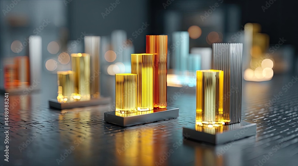 Poster wealth visualization for prosperity with strategy and income concept. stylish glass bar graph models