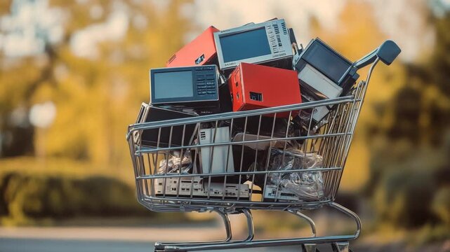 A shopping cart filled with old electronics in a serene outdoor setting