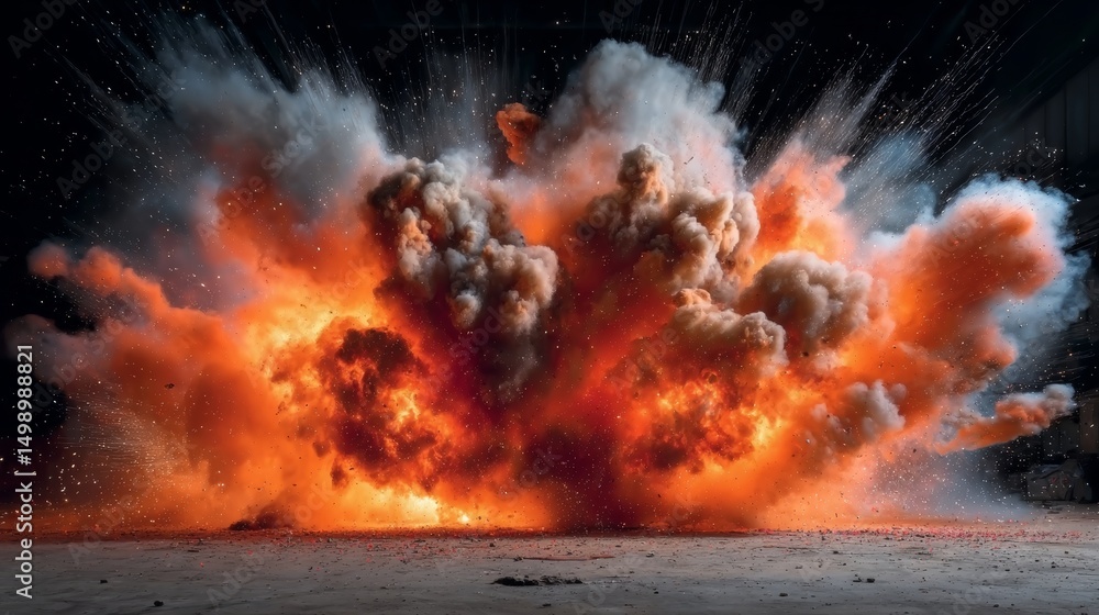 Poster explosive power unleashed fiery orange and gray smoke engulfing the air in a devastating display