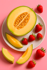 strawberry, melon or cantalope are on white plate isolated on a pink background. top view of cantaloupes and berries