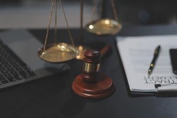 female business woman lawyers working at the law firms. Judge gavel with scales of justice. Legal...
