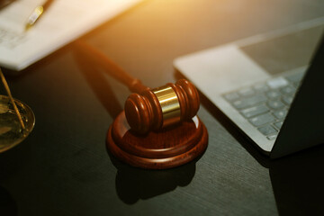 female business woman lawyers working at the law firms. Judge gavel with scales of justice. Legal...