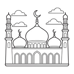 Mosque with Domes and Minarets - Beautiful Line Art for Religious Architecture