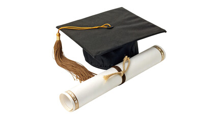 Graduation Cap and a rolled diploma  isolated on transparent background