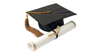 Graduation Cap and a rolled diploma  isolated on transparent background