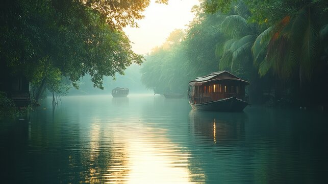 Serene backwater landscapes featuring houseboats amidst misty tropical foliage