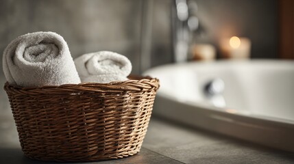 Obraz premium Wicker basket beside bathtub, rolled white towels inside, minimal spa feel