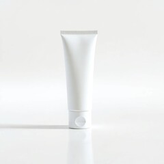 Sleek white matte cosmetic tube mockup on a reflective surface for premium product branding and display.
