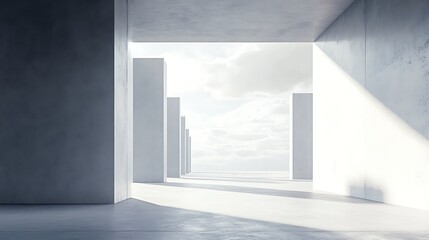 Obraz premium A minimalist architectural space with light streaming through, creating a serene atmosphere.