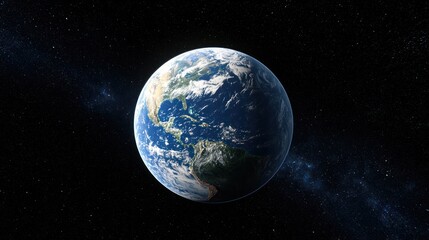 Fototapeta premium A planet Earth with a blue atmosphere and green oceans, viewed from space with a black background.