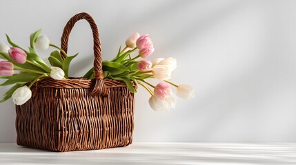 Wicker market basket leaning against white wall with tulips, minimalist composition