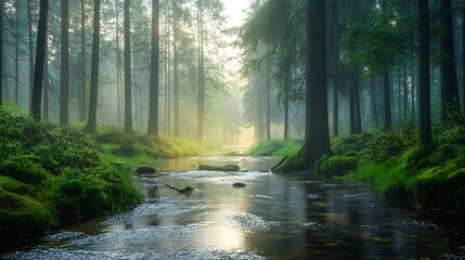 Serene forest scene with a misty river flowing through tall trees and lush greenery.