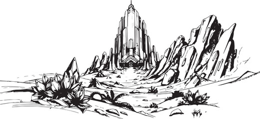 Fantastic landscape on a distant planet, mountains, planets, wastelands, futurism. Hand drawn vector illustration