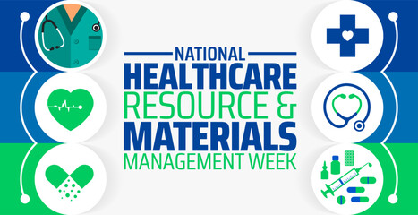 National Healthcare Resource and Materials Management Week background banner or poster design template. observed every year in June. Holiday concept. Use to any Template, card, poster, placard.