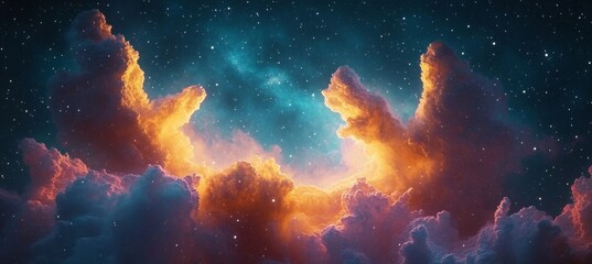 Obraz premium Cosmic Cloudscape Vibrant Nebula and Starry Scenery Adorning Open Space in Teal and Magenta