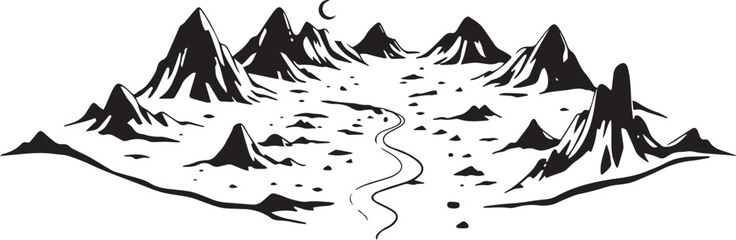 Fantastic landscape on a distant planet, mountains, planets, wastelands, futurism. Hand drawn vector illustration