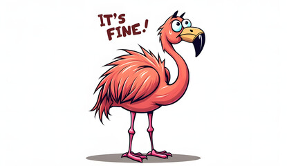 An image of a cartoon flamingo with its head turned to the side and the words "It's Fine"