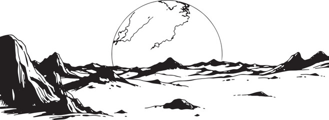 Fantastic landscape on a distant planet, mountains, planets, wastelands, futurism. Hand drawn vector illustration