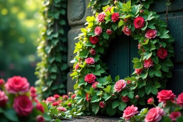 Abundant blooms, ivy entwined wreath, idyllic garden scene, celebration, floral arrangement, outdoor setting