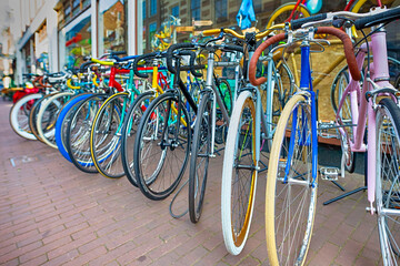 Traditional Holland Traveling. Line of Traditional Bicycles in Amsterdam in the Netherlands.