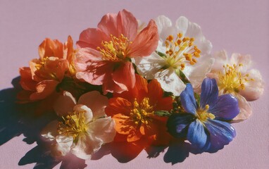 Close-up of Colorful Flowers with Water Droplets on Purple Background