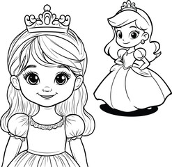 Black and White Illustration of Baby Princess, Beautiful Little Girl