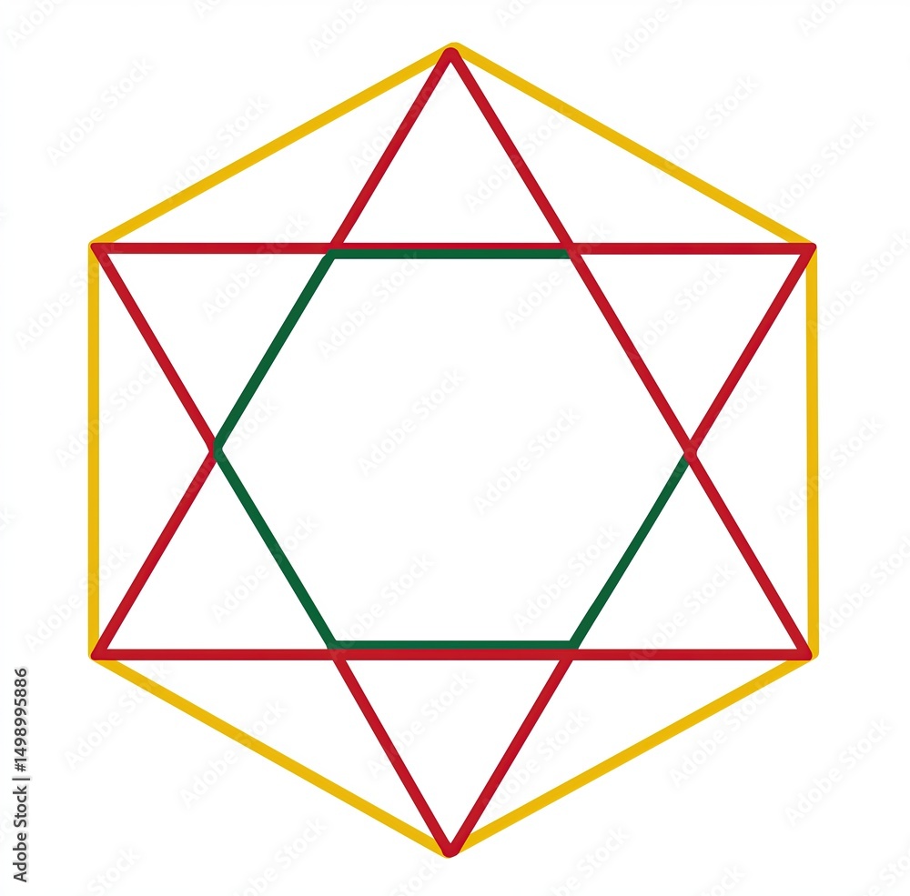 Poster minimalist yellow-bordered hexagon with interlocking star motif formed by red and green directional 