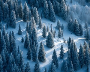 Aerial View of Snowy Mountain Forest in Winter