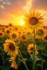 Golden hour sunlight bathes tall sunflowers, vibrant sunset hues , clouds, botany, majestic