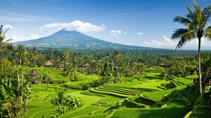Obraz premium Lush Green Rice Terraces with Majestic Volcano in the Background