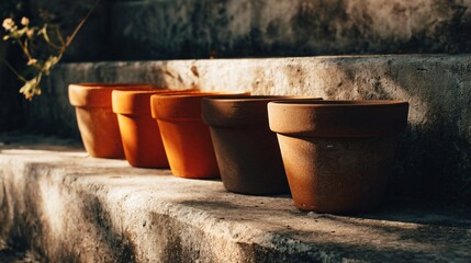 Fototapeta premium Empty terracotta pots arranged in gradient size on stone step, simple layout, rustic minimal