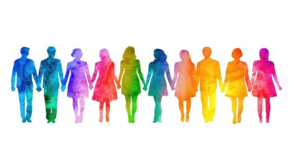A group of people of different ages and genders standing in a row, holding hands, with a rainbow-colored background.