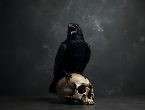 Corbeau qui croasse sur une t&ecirc;te de mort isol&eacute; sur fond noir, horreur