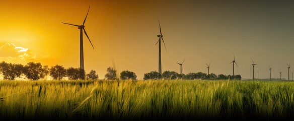 The serene windmills standing tall against a stunning sunset landscape.