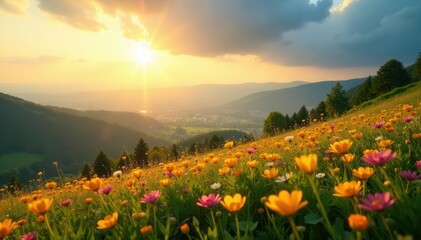 Fototapeta premium Golden sunlight bathes a hillside of wildflowers, creating a breathtaking panorama , photo, vibrant colors