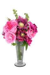 Summer rose, foxglove, oriental purple poppy flower arrangement in a vase on white background. Nature floral still life for greeting card. 
