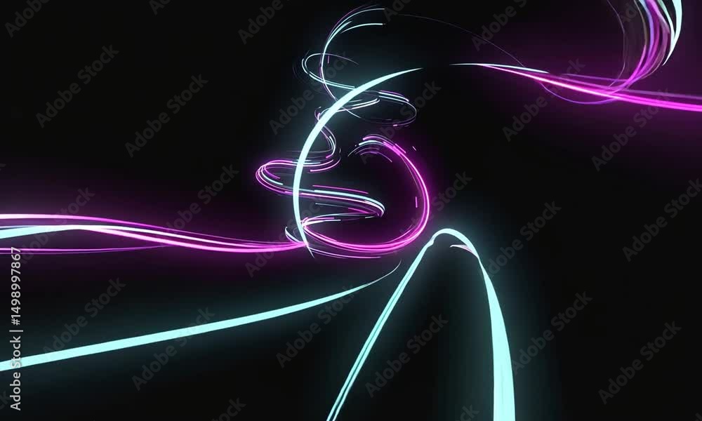 Poster abstract neon light trails swirling in a dark background, creating a vibrant and dynamic atmosphere