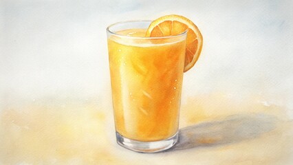 Watercolor Orange Juice Close-Up in Clear Glass &ndash; Bright Citrus Pulp and Refreshing Vibes

