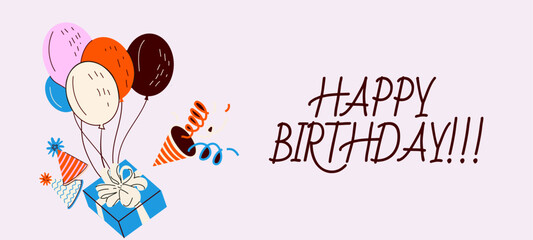 Birthday greeting card design with gift box, balloons and typography design. Abstract universal grunge artistic templates. For poster, business card, invitation, flyer, banner, email header