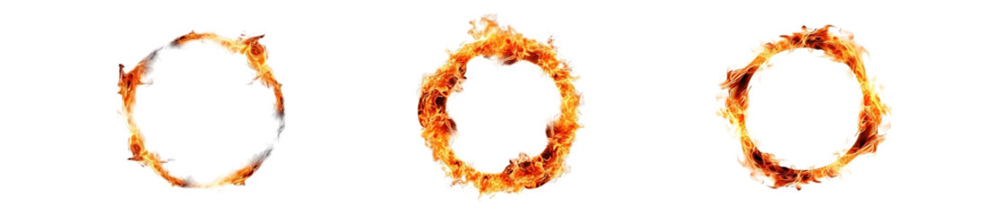 set of hot fire and flames ring shaped isolated on white or transparent png