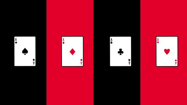 Two red columns frame sets of playing cards in black and white, highlighting symmetry and visual balance in card arrangement