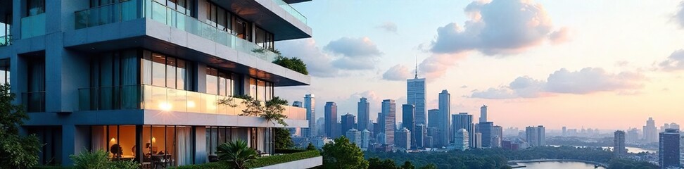 Obraz premium Modern condo office building with sleek glass facade and urban skyline backdrop Ideal for business, real estate, and architectural marketing , contemporary, skyscraper